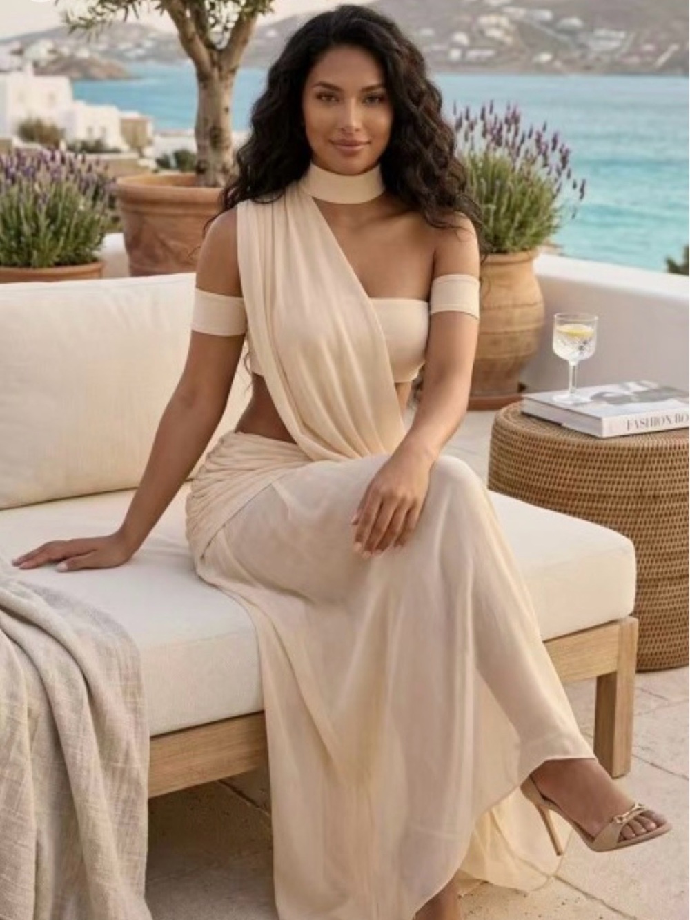 Cream One Shoulder Draped Cut Out Maxi Set